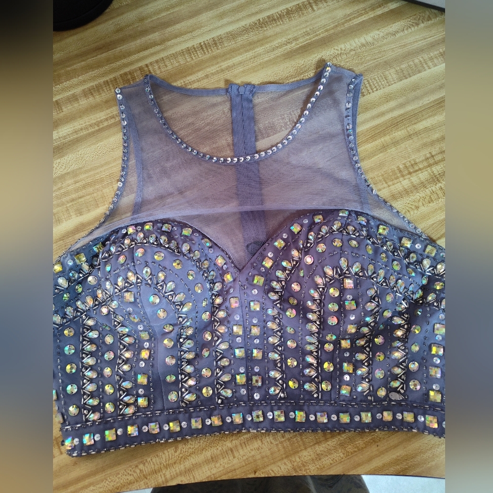 Say Yes To The Prom Women's White Gold Glitter Sequin Gray Crop Halter Top 13/14